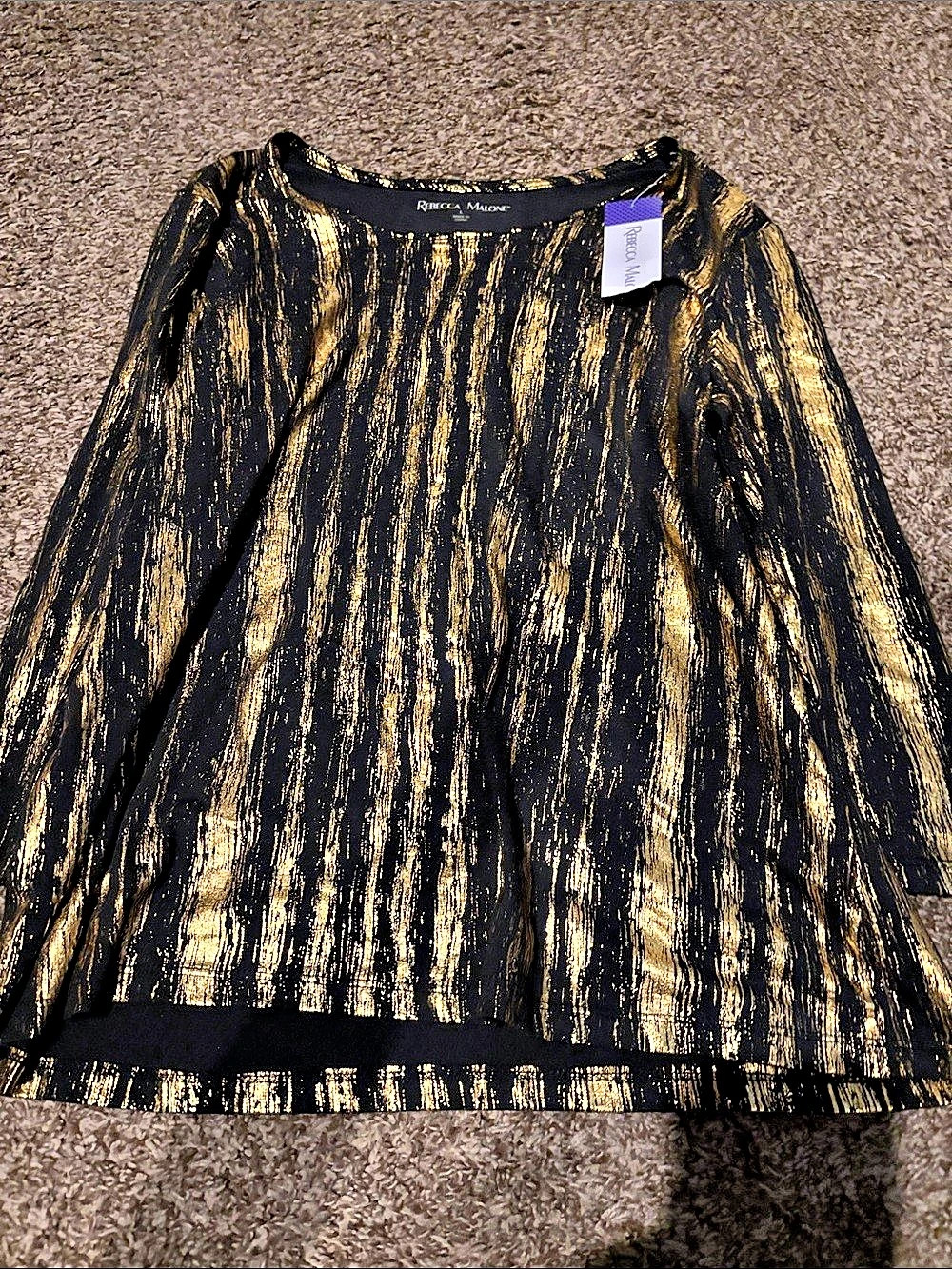 Rebecca Malone Metallic Abstract Long Sleeve Blouse NWT